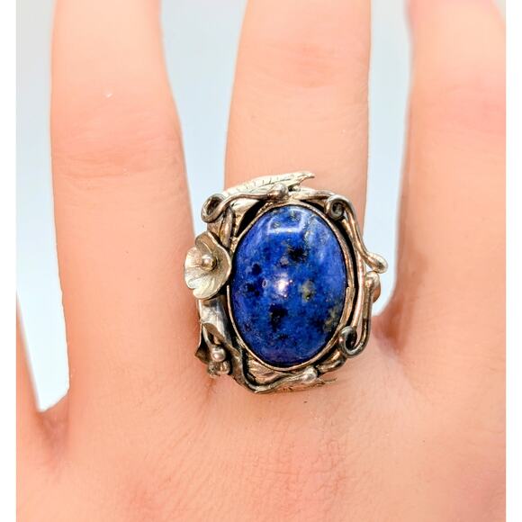 Vintage 925 Sterling Silver Lapis Lazuli Flower Vining Metal Work Ring Size 8.25 - Picture 1 of 8